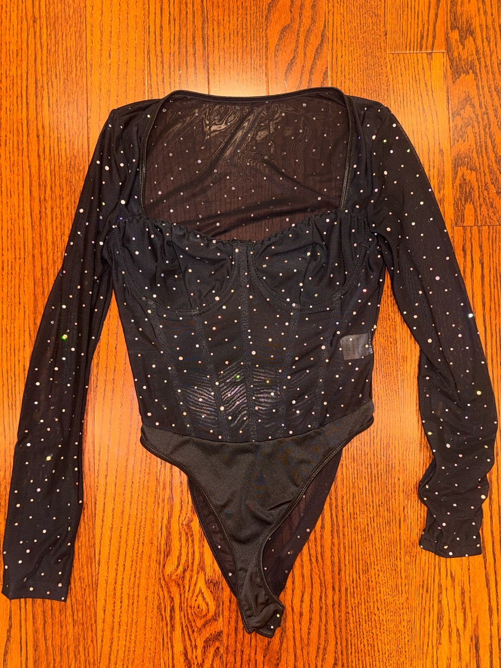 Black Long-Sleeve Mesh Bodysuit with Sparkle Details